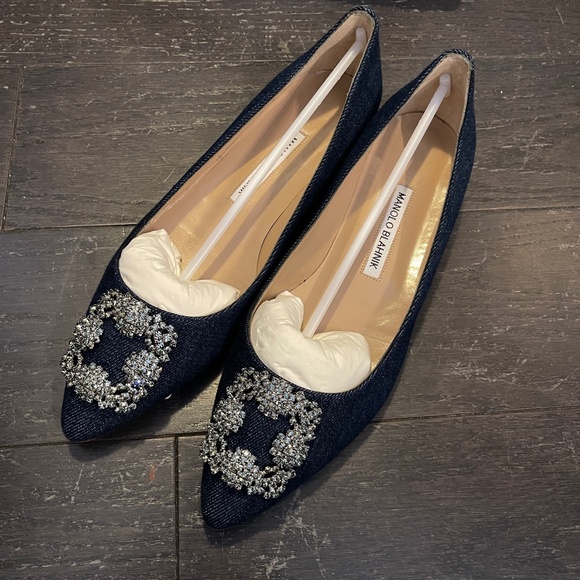 NEW Manolo Blahnik Hangishi Flat Denim Shoes blue jeans fabric Size US 9/ 39 - Picture 3 of 10